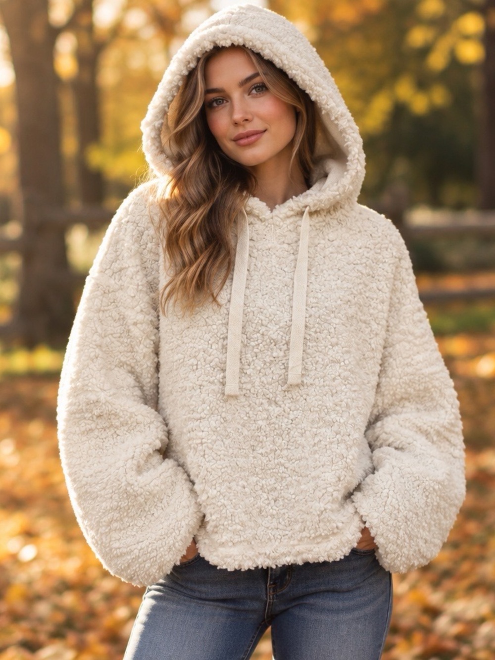 Forever 21 Contemporary Cream Teddy Sherpa Hooded Pullover Size Small